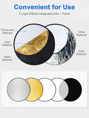 Selens Portable 43inch/110cm Light Reflector with Clamp,5 in 1 Collapsible Multi Disc Photography Reflector Translucent,Silver,Gold,White,Black for Studio Photography Lighting and Outdoor Lighting - size: 5 in 1 43inch with clamp