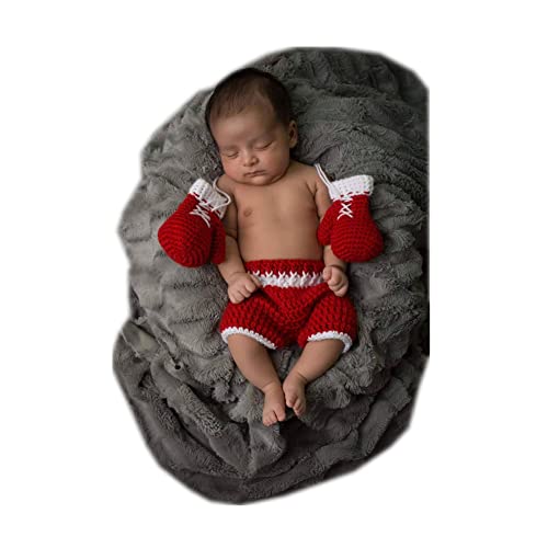 Newborn Photography Props Boys Girls Outfits Baby Photo Props Crochet Knitted Boxing Champion Gloves & Pants - color: Red