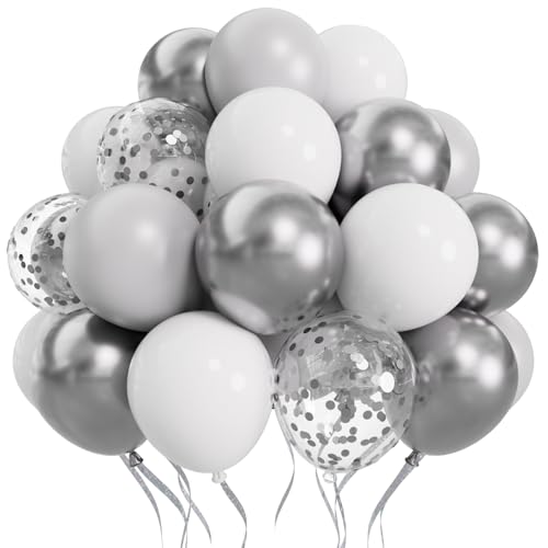 SUWEN 60PCS Metallic Silver Confetti Balloons Set Latex Helium Chrome Silver Balloon for Birthday New Year Wedding Party Decorations - color: Silver