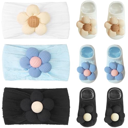 CÉLLOT Baby Girl Headband and Socks, Non-Slip Floral Socks and Soft Floral Nylon Hairbands for Babies Infants and Toddlers(White,Blue,Black) - color: White+Blue+Black
