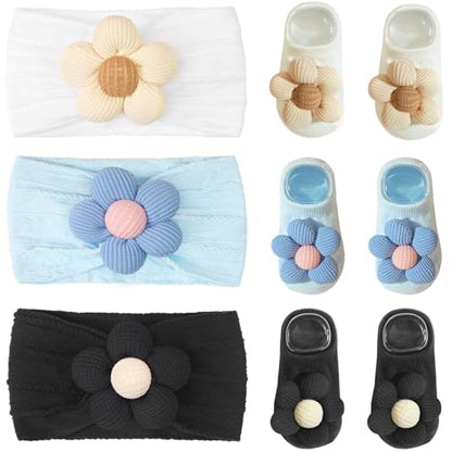 CÉLLOT Baby Girl Headband and Socks, Non-Slip Floral Socks and Soft Floral Nylon Hairbands for Babies Infants and Toddlers(White,Blue,Black) - color: White+Blue+Black