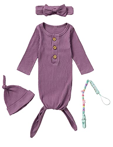 Newborn Cotton Nightgowns Neutral Baby Knotted Sleeper Baby Coming Home Outfit - color: Purple