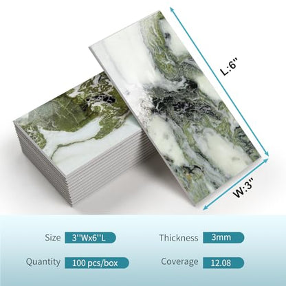 Vamos Tile 100-Piece Glossy Ice Green Peel and Stick Backsplash Tile,3''x6'' PVC Subway Tile with White Grout,Stick on Backsplash for Kitchen/Bathroom/Fireplace - color: Ice Green