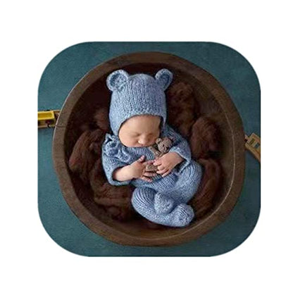 Newborn Photography Props Boys Girls Outfits Mohair Bear Hat Bonnet & Footed Romper Bodysuit Photoshoot Costume Set - color: Light Blue