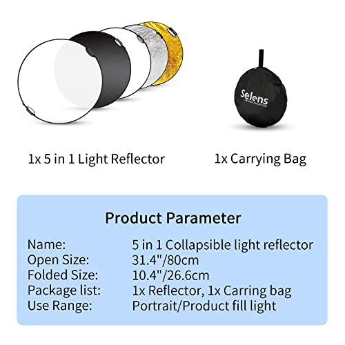 Selens 32 Inch (80cm) Reflector Photography, Collapsible Light Reflector with Carrying Case, 5 in 1 Handle Reflector for Photography Photo Studio Lighting -Translucent, Silver, Gold, White and Black - size: 32 Inch