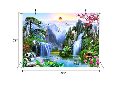 BELECO 8x6ft Fabric Fairyland Mountain Lake Photography Backdrop Waterfalls Swans Fish Flowers Dreamy Natural Landscape Painting Background Wall Murals Home Decor Kids Adults Portrait Photoshoot - size: 8x6FT