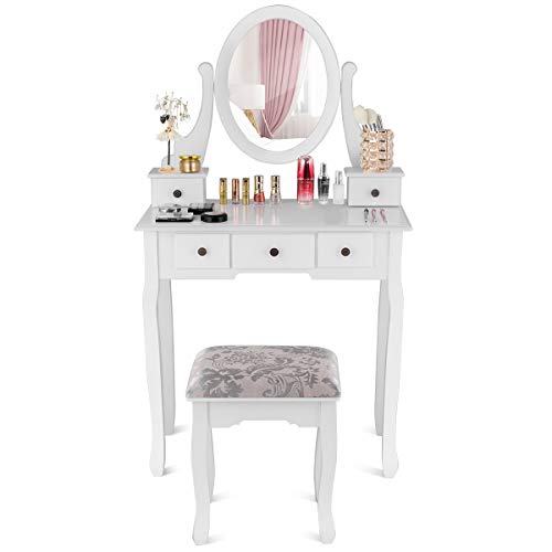 Giantex Girl Vanity Set with 5 Drawers, Makeup Dressing Table with Cushioned Stool for Modern Bedroom Apartment, White Vanity Desk for Women - color: White, style: 5 Drawers