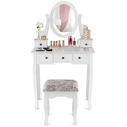 Giantex Girl Vanity Set with 5 Drawers, Makeup Dressing Table with Cushioned Stool for Modern Bedroom Apartment, White Vanity Desk for Women - color: White, style: 5 Drawers
