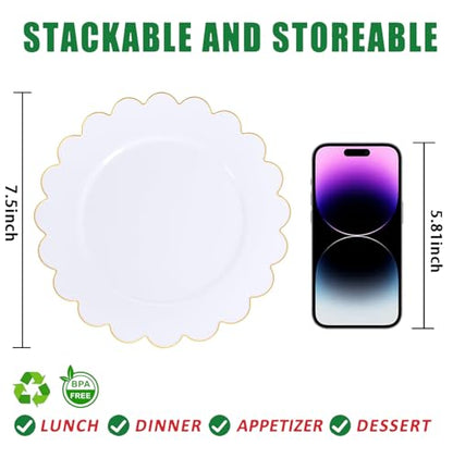 SUT 72Pcs Plastic Plates-7.5inch White Dessert Plates with Gold Trim, White Disposable Plates, Disposable Plates,Fancy Plastic Plates, Heavy Duty Plastic Plates for Parties - color: White Gold, size: 7.5 Inch