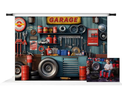 Kate Modern Garage Backdrop for Photography Tool Holder and Tires Red Tanker Interior Background Photo Studio Props (7x5ft) - size: 7x5ft