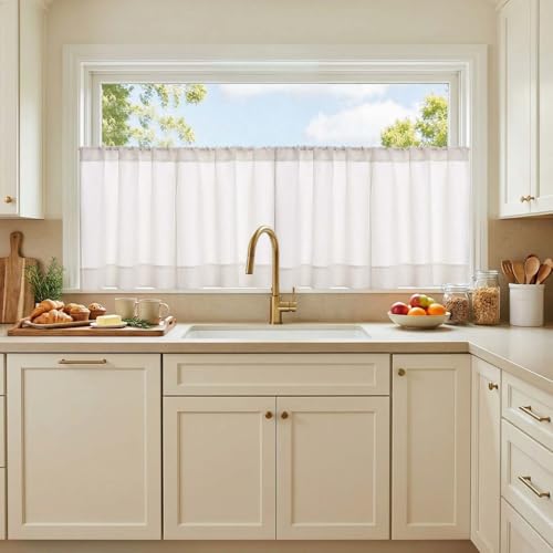 jinchan White Kitchen Curtains 24 Inch Length Textured Short Cafe Curtains Farmhouse Window Treatment Tiers for Bathroom Laundry Room Small Window Light Filtering Rod Pocket 4 Panels - color: Basic White, size: 26"W x 24"L (Pack of 4)