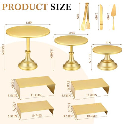 Lallisa 11 Pcs Gold Cake Stand Set Cake Stand Set for Dessert Table 3 Size Metal Round Cakes Pedestal Stands with 4 Size Cupcake Risers Stands Clamp, Cakes Knife and Server for Party Birthday Wedding