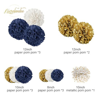 NICROLANDEE Wedding Party Decorations - 12 PCS Navy Blue and Gold Tissue Paper Pom Poms for Colleage Graduation, Baby&Bridal Shower, Birthday, Bachelorette Party, Engagement Party, Anniversary Party - style: Navy Blue