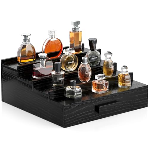 Solid Walnut Cologne Organizer for Men,Cologne Stand,4 Tier Wooden Cologne Holder Shelf Display,Perfume Stand Organizer with Drawer and Hidden Compartment,Gift for Men Dad Husband,Black - color: Black 4 Tier