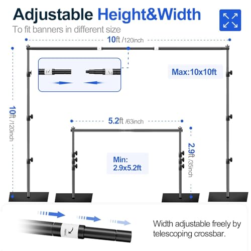 EMART Backdrop Stand, 10x10ft Width Adjustable Photography Background Support Poles with Heavy Duty Flat Base, Photo Metal Steel Pipe and Drape Frame Kit for Parties Birthday Wedding - Black - color: Black, size: 10x10ft