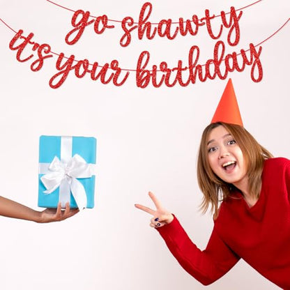 Go Shawty It's Your Birthday Banner, Hip Hop Birthday Party Decorations Supplies, Rap Theme Bday Bunting Sign, Pre-strung, Photo Props (Red) - color: Red