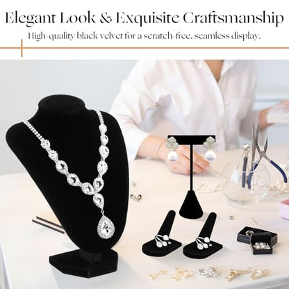 Wenqik 3 Pcs Velvet Jewelry Display Set Velvet Necklace Bust Holder T Shape Earring Stand Ring Finger Jewelry Holder, Black - color: Black