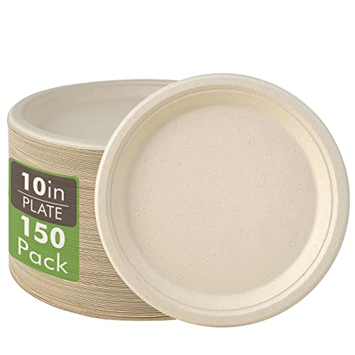 Vplus 150 Pack Compostable Disposable Paper Plates 10 inch Super Strong 100% Bagasse Natural Biodegradable Eco-Friendly Sugarcane Plates(nature) - color: Nature, style: 10 IN Round Plates