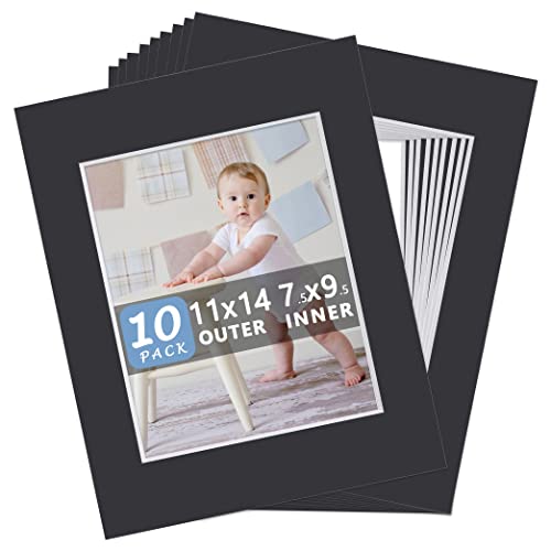 10 Pack Pre-Cut 11 x 14 Black Picture Mats for 8x10 Photos - White Core Bevel Cut Frame Matte, Acid Free, Ideal for Frames/Artwork/Prints - size: 11x14 10pack black mat for 8x10