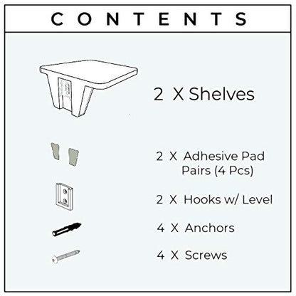 White Small Floating Shelf Set of 2 - for Wall with No Drill Option [ Adhesive ]