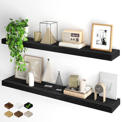 Fun Memories Floating Shelves for Wall, 48Inch Floating Shelves Set of 2, Hanging Shelf with Invisible Brackets, Wood Shelves for Living Room, Bedroom, Kitchen, Black - color: Black, size: 48"W x 6.5"D