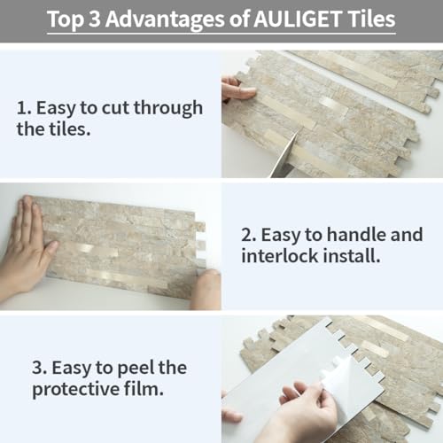 AULIGET 2 Sheets Faux Stone Peel and Stick Backsplash, Sandstone with Champagne Gold PVC Wall Tiles Stick on Backsplash for Kitchen - color: Sandstone + Champagne Gold, size: 2 Sheets, 6"x12"x0.12"