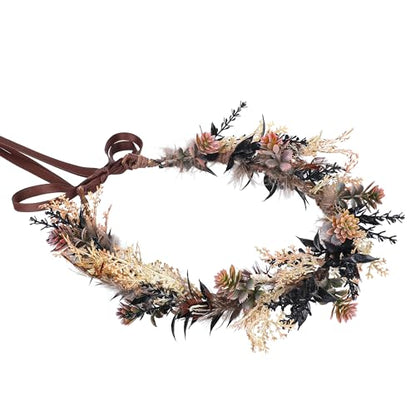 Brown Flower Crown Headband - Fairy Elf Floral Headpiece For Women Bridal Wedding Renaissance Hair Accessories Party Birthday Photoshoot Props - color: Feather-Brown