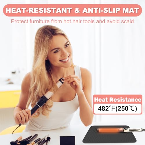 Oversize Silicone Heat Resistant Mat for Curling Irons, Flat Irons, Hair Straighteners and Hot Hair Styling Tools, Portable Wrap Pad Cover for Vanity, Travel, Salon(14.2" x 11.0") - color: Black
