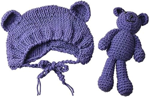ECYC Newborns Crochet Beanie with Bear Doll Baby Picture Outfits Photography Bat - color: Purple