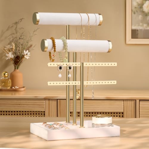 bussdis 3 Tier Bracelet Holder Display - Detachable T Bar White Velvet Bracelet Holder, Jewelry Holder Organizer for Bracelet, Necklace, Earrings, Rings - color: White, size: Standard