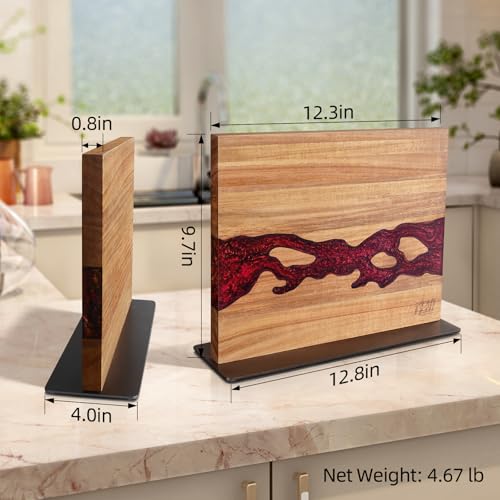 FINDKING Magnetic Knife Block, Double Sided Holder, Powerful Magnet Kitchen Storage, Acacia Wood and Red Resin (12 x 10 Inches, Without Knives) - color: Red