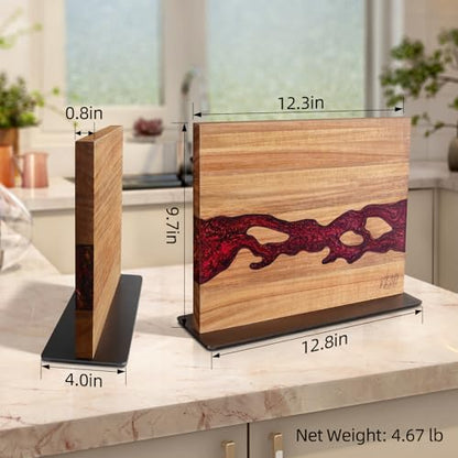 FINDKING Magnetic Knife Block, Double Sided Holder, Powerful Magnet Kitchen Storage, Acacia Wood and Red Resin (12 x 10 Inches, Without Knives) - color: Red