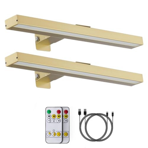 MIOBLUE 2Pack Picture Lights,16in Battery Operated Picture Lights for Paintings,Metal Rechargeable Art Display Light with Remote Control,Dimmable/Timer Off Dartboard Light for Paintings,Picture,Frame - color: 2pack-Gold, size: 16inch