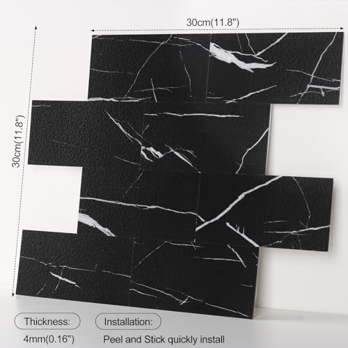 10 Sheets Black Marquina PVC Subway Tiles Peel and Stick Backsplash,12''Heat Resistant Stick on Tiles for Kitchen,Waterproof Peel and Stick Wall Tiles for Bathrrom - color: Black Marquina