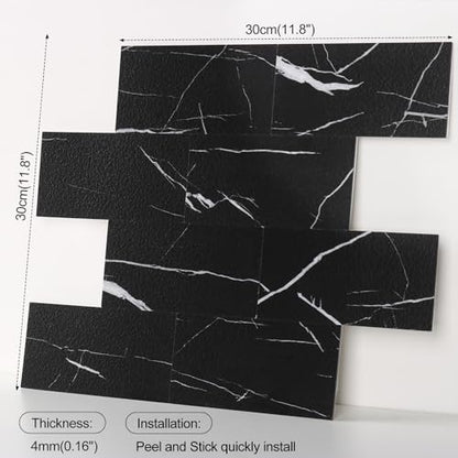 10 Sheets Black Marquina PVC Subway Tiles Peel and Stick Backsplash,12''Heat Resistant Stick on Tiles for Kitchen,Waterproof Peel and Stick Wall Tiles for Bathrrom - color: Black Marquina