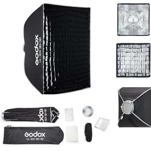 Godox Softbox UL-90x90 Square Softbox, Quick-Release Umbrella Design Bowens Mount with Grid & Diffusers & Deflector, for Studio & Video Production - size: Square 90x90cm (35.4"x35.4")