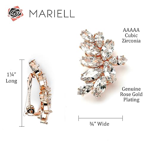 Mariell Clip-On Cubic Zirconia Crystal Bridal Earrings, Marquise Shape CZ Curved Clusters, Women Earrings for Wedding, Bridesmaids, Homecoming, Mother of the Bride - color: Rose Gold Clip On