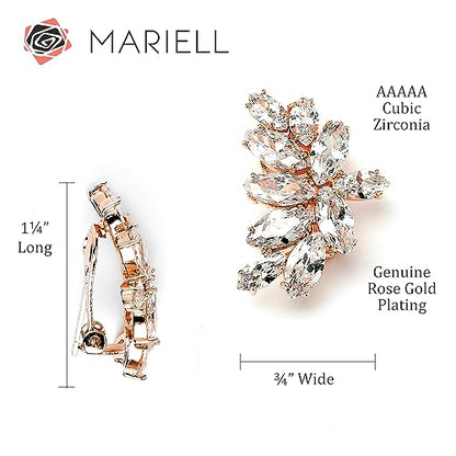 Mariell Clip-On Cubic Zirconia Crystal Bridal Earrings, Marquise Shape CZ Curved Clusters, Women Earrings for Wedding, Bridesmaids, Homecoming, Mother of the Bride - color: Rose Gold Clip On