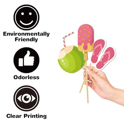 33 Pcs Hello Summer Photo Props Kit, Hawaii Luau Tropical Tiki Beach Summer Pool Men Women Girl Boy Kids Teens Cutouts Birthday Party Celebration Decorations Photography Props