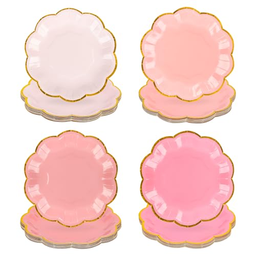 AimFun 48 Pcs Pink Party Plates Gradient Pink Dessert Paper Plates 7inch Gold Foil Scalloped Edge Disposable Cake Plates for Mothers Day Birthday Bridal Baby Shower Wedding Party Supplies - color: Pink