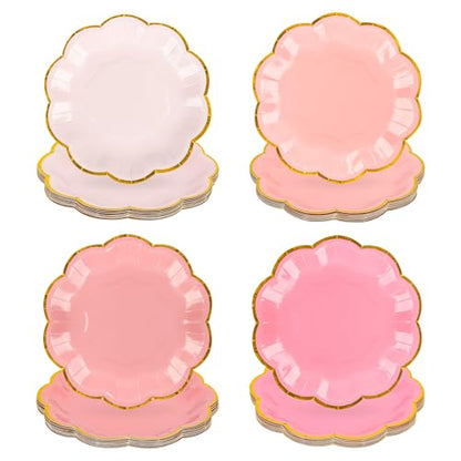 AimFun 48 Pcs Pink Party Plates Gradient Pink Dessert Paper Plates 7inch Gold Foil Scalloped Edge Disposable Cake Plates for Mothers Day Birthday Bridal Baby Shower Wedding Party Supplies - color: Pink