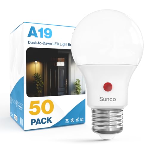 Sunco 50 Pack Dusk to Dawn LED Outdoor Light Bulb A19, Photocell Automatic for Exterior Lighting, 800 LM, 9W (60W Eqv.), 4000K Cool White, Auto On/Off Sensor, IP65 Rated UL. - color: 4000k Cool White, size: 50 Count (Pack of 1)