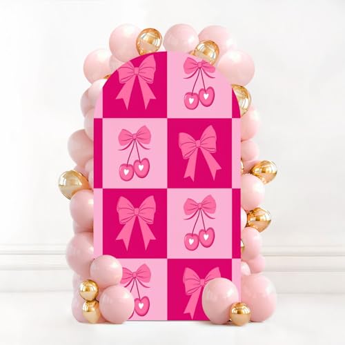 7.2FT Wedding Arch Backdrop Cover Seamless Checkered Pink Cherries Bows Graphics Spandex Fitted Fabric Round Top Stretchy Stand Covers for Baby Shower Birthday Party Decoration - color: Color8, size: 7.2x4 FT