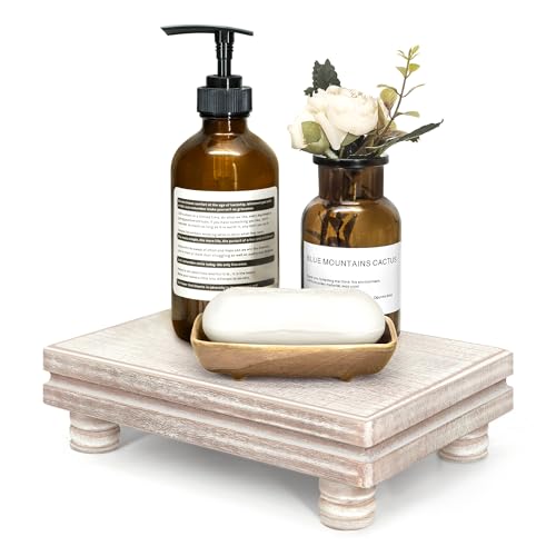 EOSAHR Decorative Tray Wood Pedestal Stand – Farmhouse Wooden Tray for Soap Holder & Bathroom Accessories - Kitchen Essentials & Bathroom Organizer for Home Decor (Natural Wood) - color: Natural