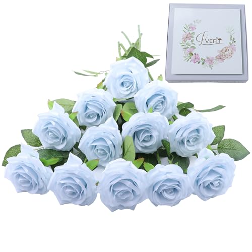 LVEFIT 12pcs Artificial Rose Flower Light Blue Roses Flowers with Long Stem Silk Roses Bouquet for Wedding Bridal Shower Party Home Decoration - color: Light Blue, size: 12pcs
