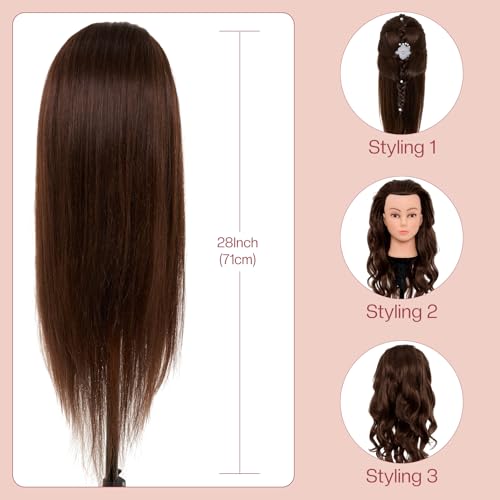 Neverland Beauty & Health 28Inch 60% Real Hair Mannequin Head,Doll Head for Hair Styling Braiding Curling,Cosmetology Mannequin Head with Hair with Table Clamp Hair Styling Set(Dark Brown) - color: gray