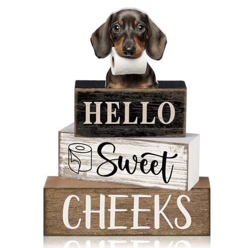 Moucuny 4 Pcs Dachshund Bathroom Decor Set Funny Toilet Wooden Tiered Tray Decor Farmhouse Dachshund Centerpiece Rustic Bathroom Shelf Decoration Hello Sweet Cheeks Decoration for Home Office - style: Dachshund