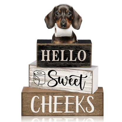 Moucuny 4 Pcs Dachshund Bathroom Decor Set Funny Toilet Wooden Tiered Tray Decor Farmhouse Dachshund Centerpiece Rustic Bathroom Shelf Decoration Hello Sweet Cheeks Decoration for Home Office - style: Dachshund