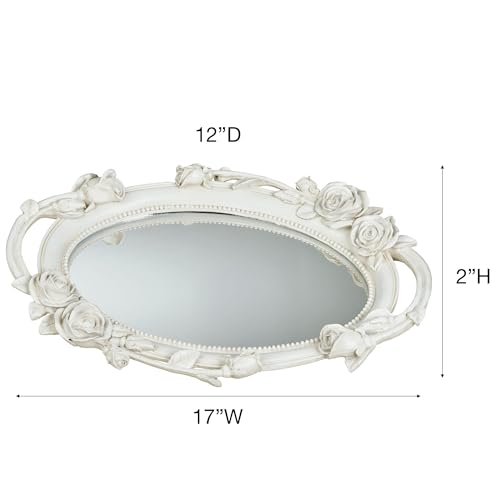 Elegant Rose Melody Mirrored Oval Vanity Tray | Handpainted Rose Flowers Florals Bloom Blossoms Vines | Antique White | Charming Sophisticated
