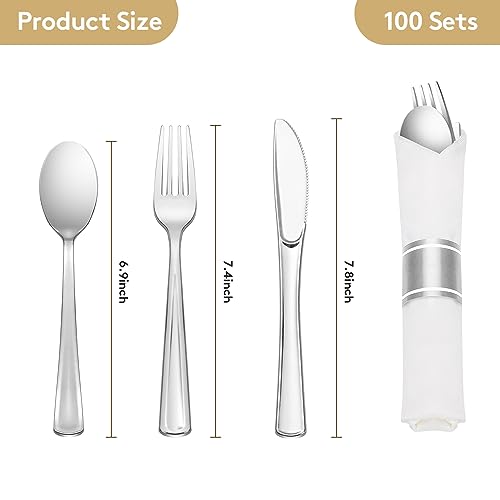 Goodluck 100 Pack Pre Rolled Silver Plastic Silverware, Wrapped Plastic Cutlery Set with Napkin Include 100 Forks, 100 Knives, 100 Spoons and 100 Napkins, Disposable Silverware for Party, Wedding - size: 100pc, style: Silver